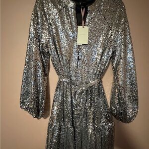 Alex Marie Silver Sequin Midi Dress with Belt